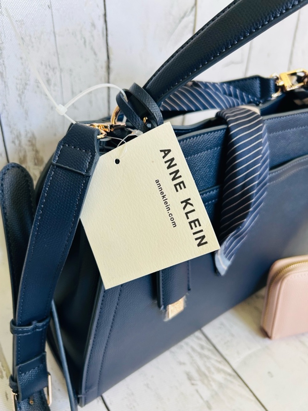 Anne Klein Navy Satchel Purse + Blush Pink Wallet & Scarf Accent Bundle - Picture 7 of 13